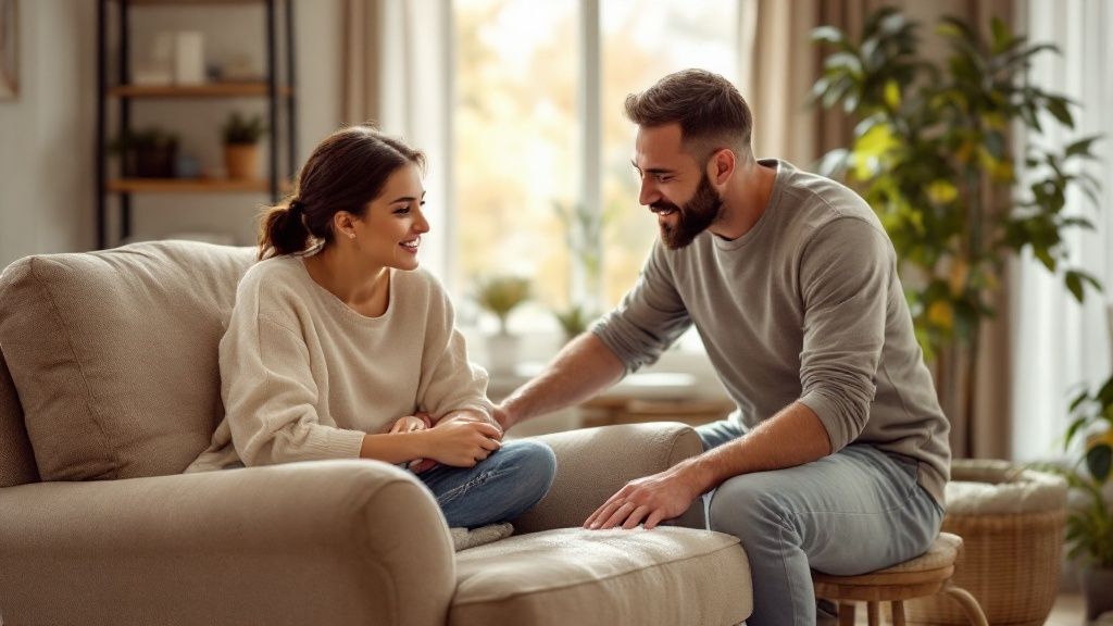 A professional cleaner answers questions from a homeowner about upholstery cleaning.