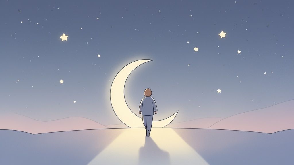 A person walks on a glowing path towards a large, radiant crescent moon under a starry night sky.