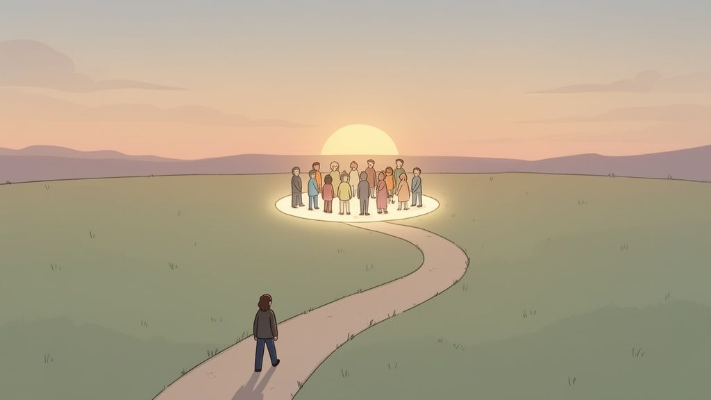 A person walks on a winding path towards a glowing circle of people under a serene sunset landscape.