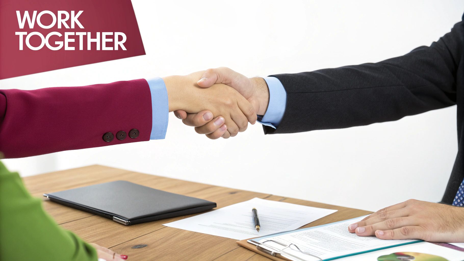 Two professionals in business attire shake hands across a wooden table with documents and a pen.