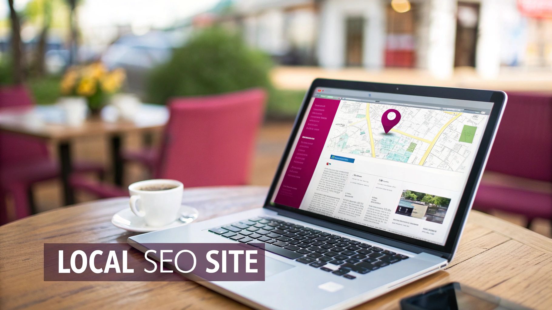 A laptop on a wooden table displays a local SEO site with a map and a location pin.