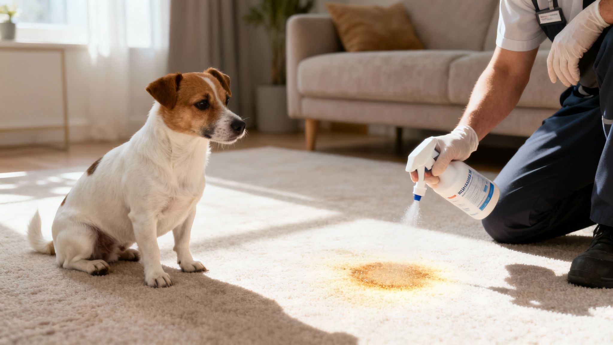 Man in uniform sprays pet stain remover on carpet while dog watches intently.