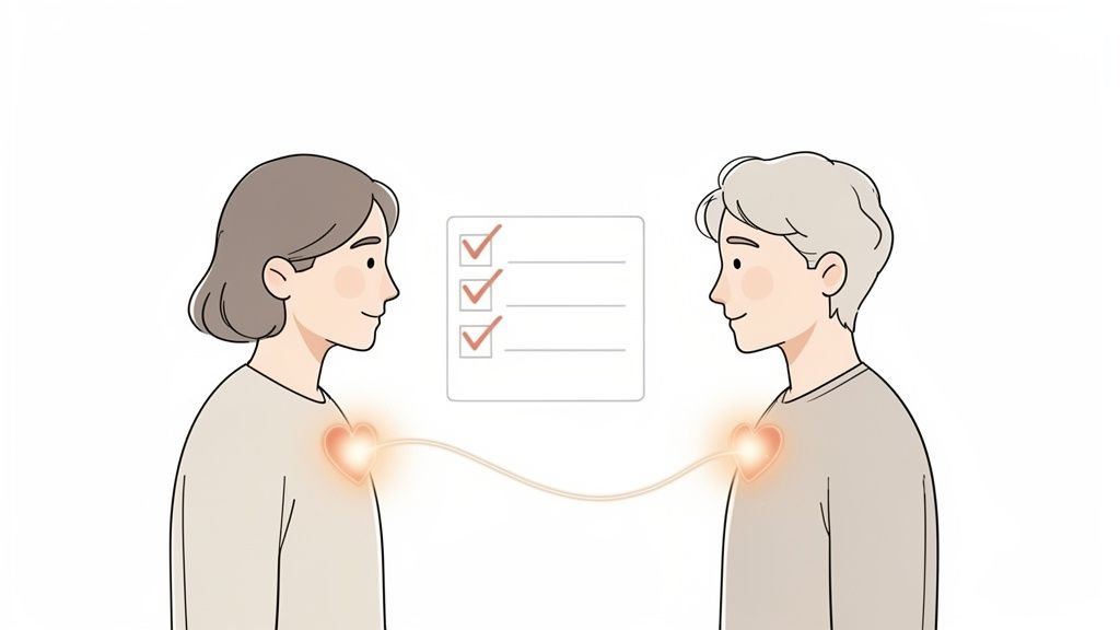 Two people with glowing hearts connected, facing a checklist with three checked items, symbolizing compatibility.
