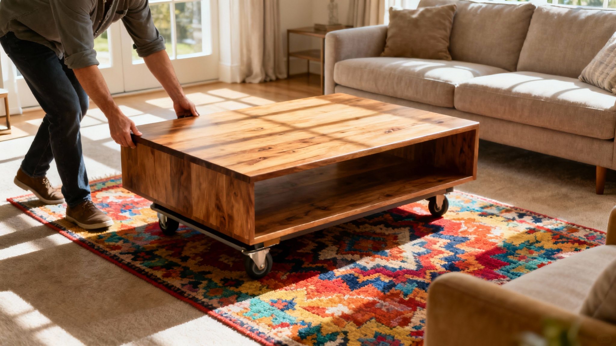A clean and tidy living room with a vacuum cleaner placed near a rolled-up area rug, ready for professional cleaning.