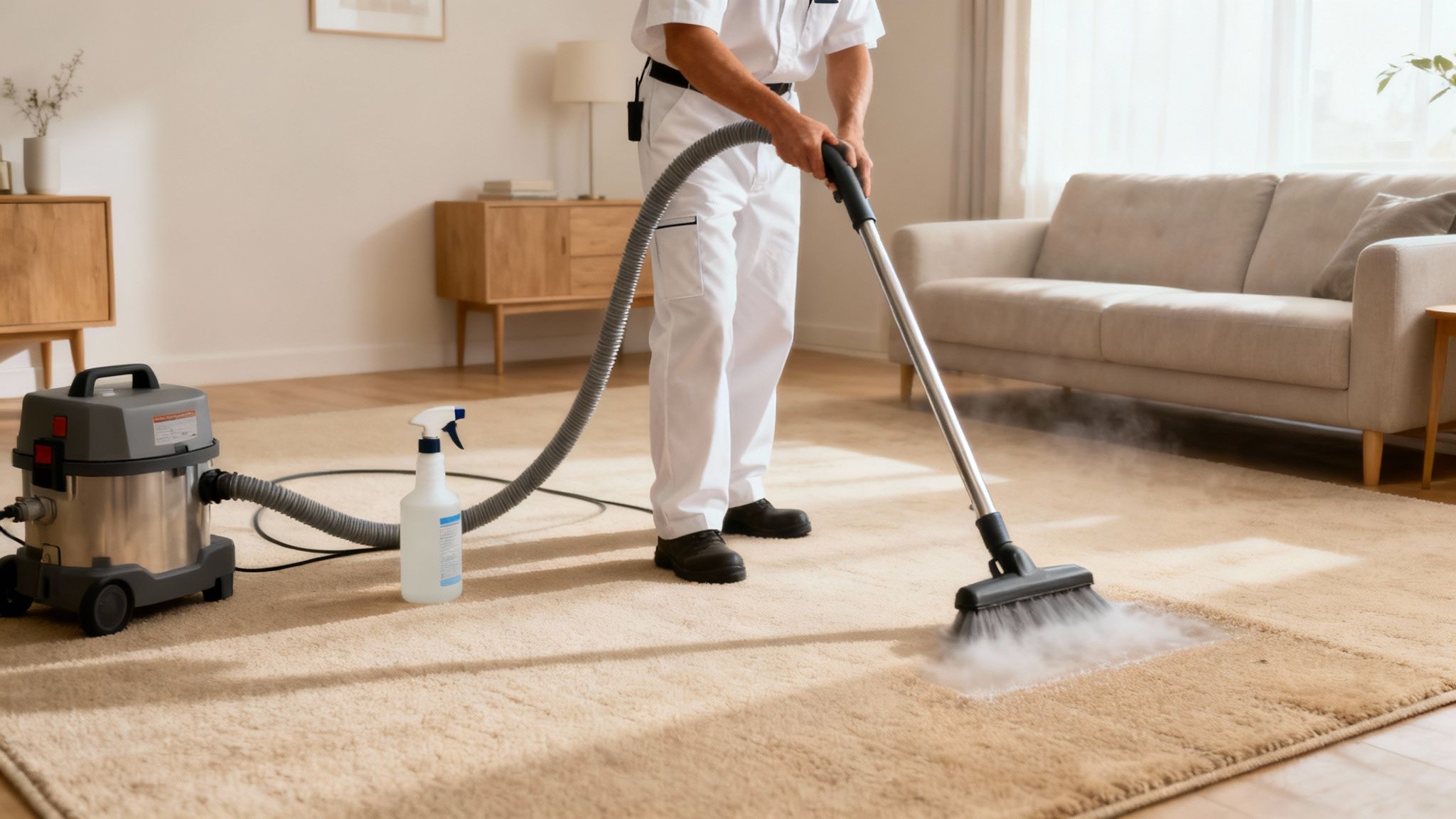 A professional technician from a Vancouver carpet cleaning service conducting a pre-cleaning inspection of a residential carpet.