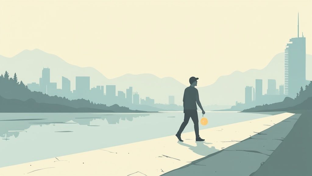 An illustration of a man walking by a river with a distant city skyline and mountains.