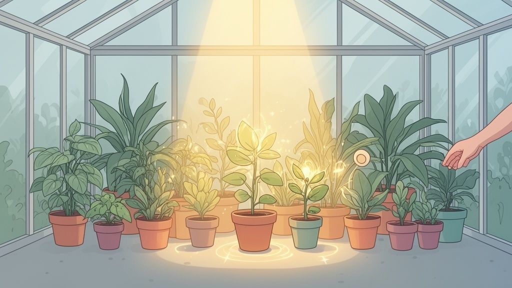 A vibrant greenhouse filled with many potted plants, some glowing under a golden light, tended by a gentle hand.