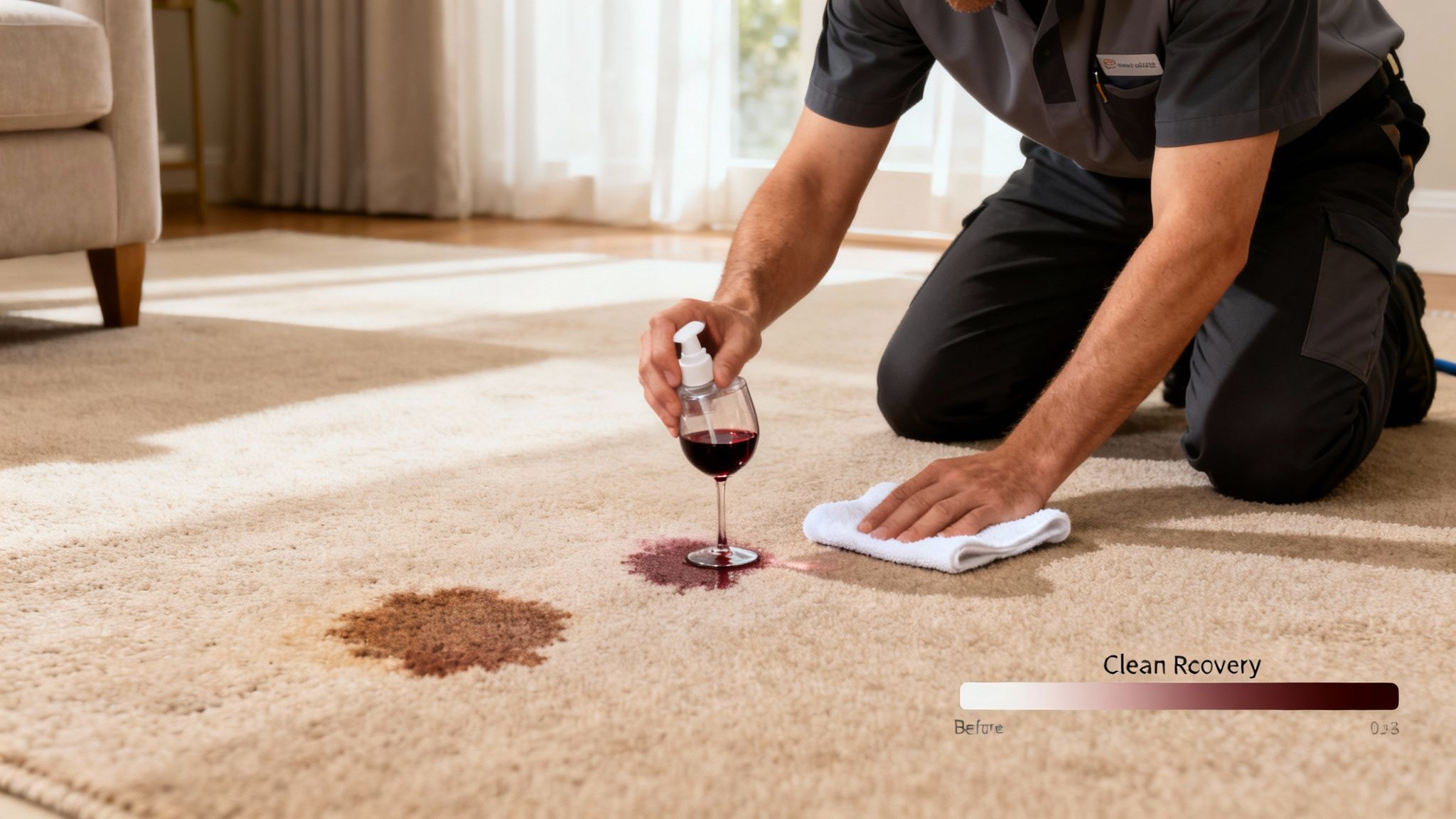 A professional cleaning a fresh red wine spill and an older stain on a beige carpet.