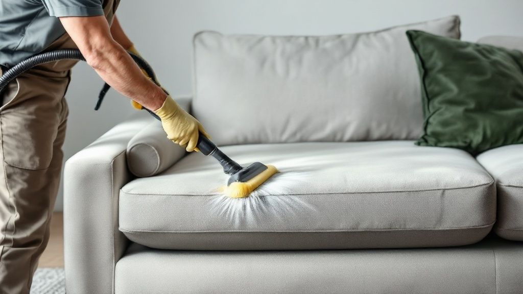 A professional cleaner using an upholstery cleaning machine on a light-coloured sofa.