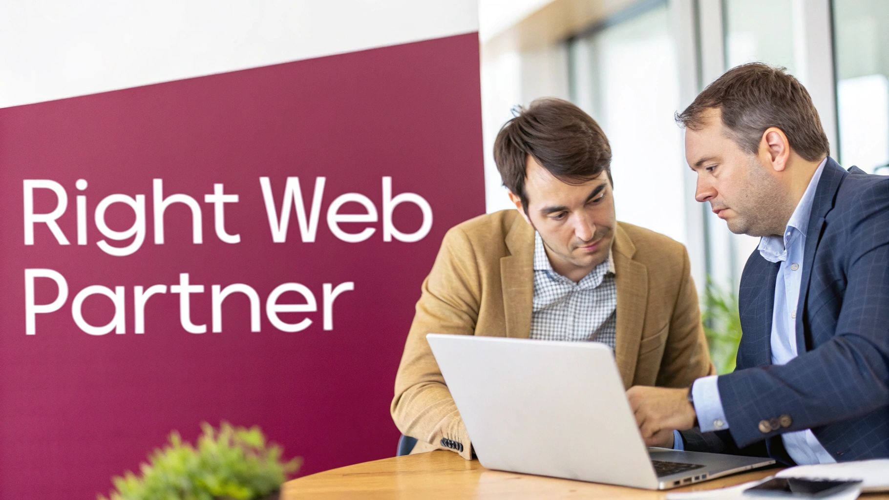 Two men collaborating and looking at a laptop in an office with a 'Right Web Partner' sign.