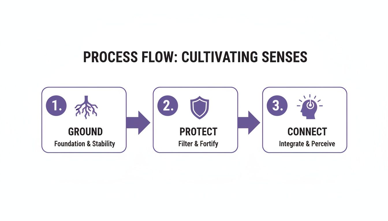 A three-step process flow showing how to cultivate senses: Ground, Protect, and Connect.