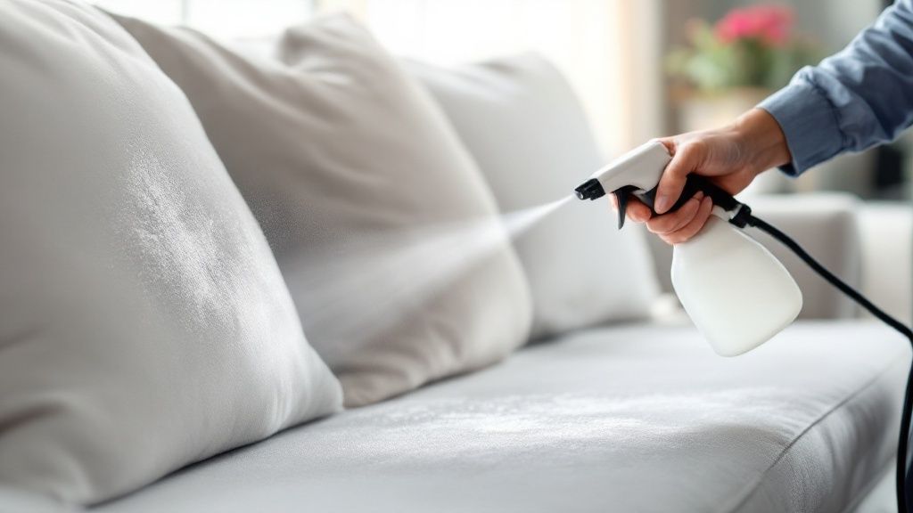 A person getting a quote for upholstery cleaning on a tablet