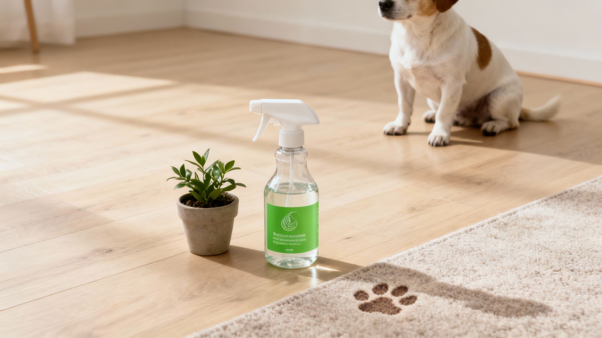 A happy dog and a young child playing safely on a freshly cleaned, bright carpet.