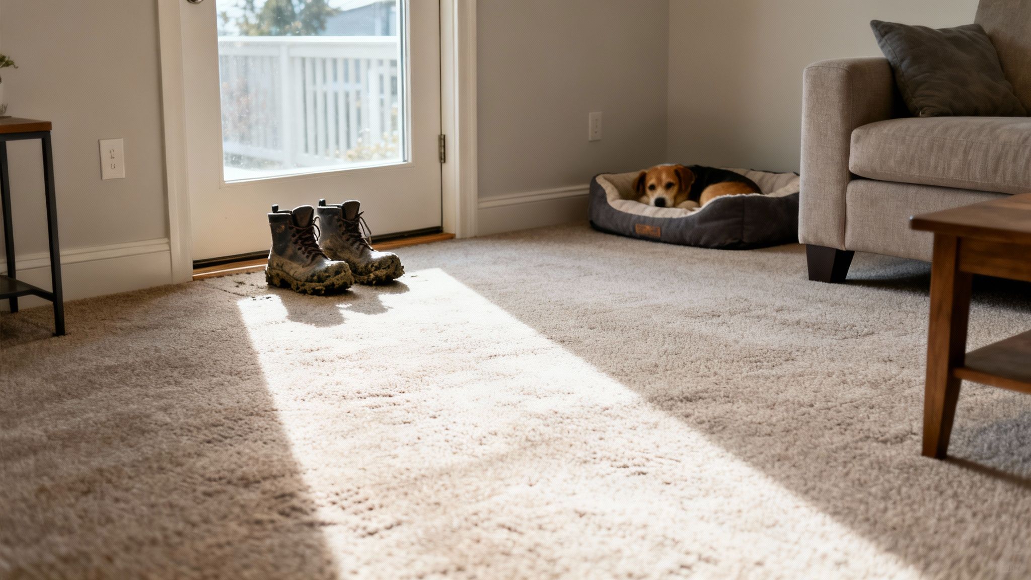 Muddy boots by a glass door, a beagle dog sleeping on a beige carpet with sunlight.