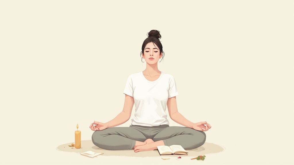 A woman meditates in a cross-legged position with closed eyes, surrounded by a candle and books.