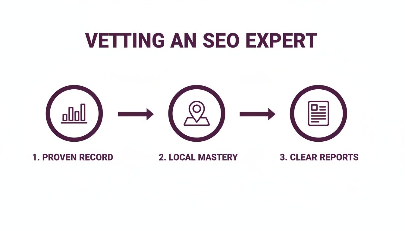 A diagram outlining three steps for vetting an SEO expert: proven record, local mastery, and clear reports.