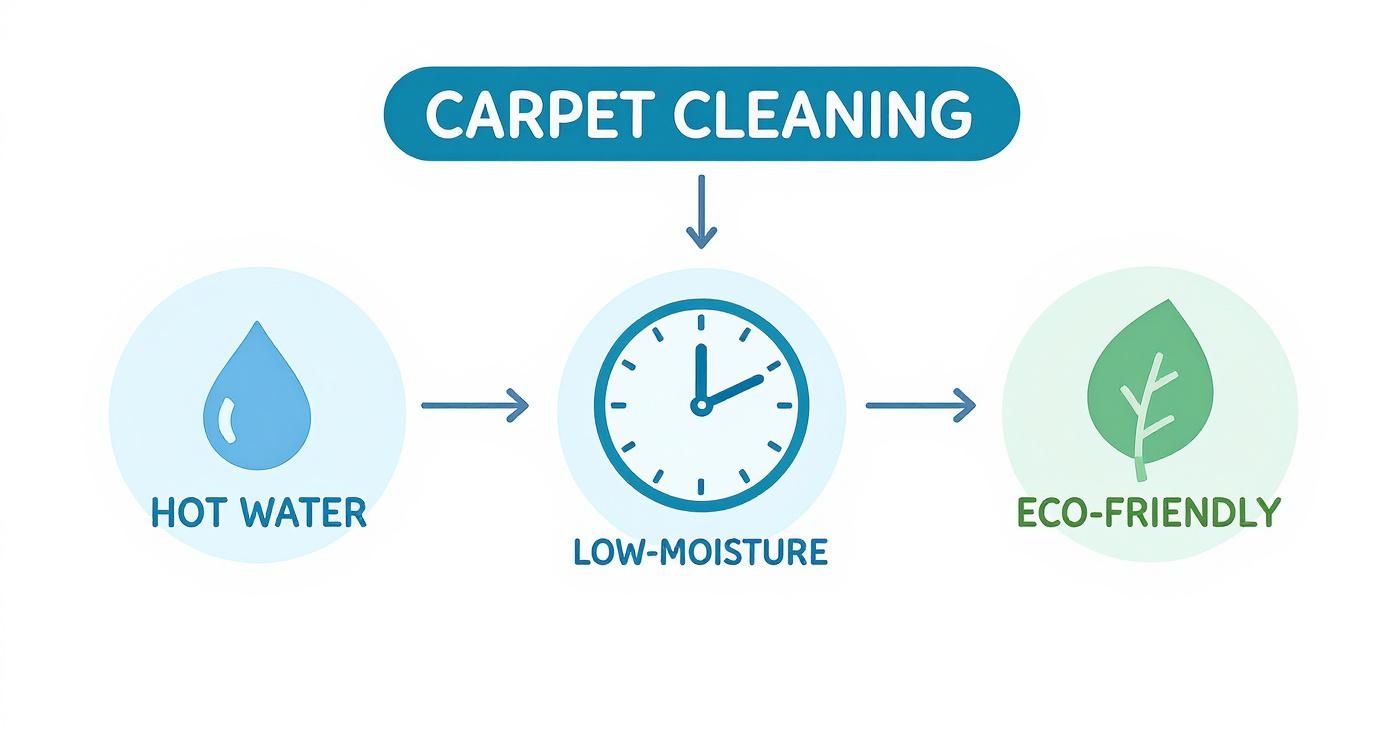 Diagram illustrating carpet cleaning benefits: hot water, low-moisture, and eco-friendly results.
