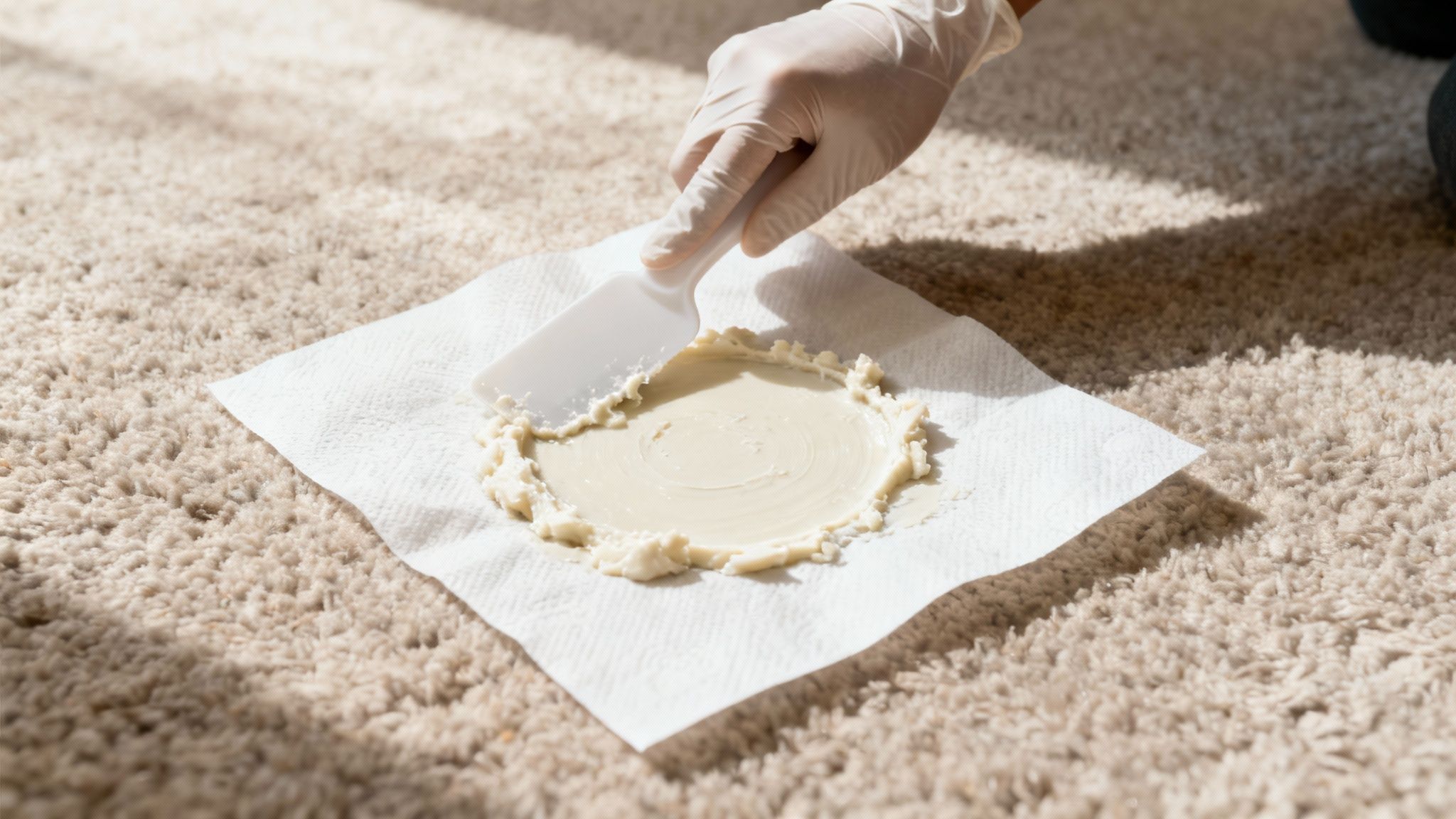 A person's hand in a glove gently blotting a carpet stain with a cloth and a spray bottle of cleaning solution nearby.