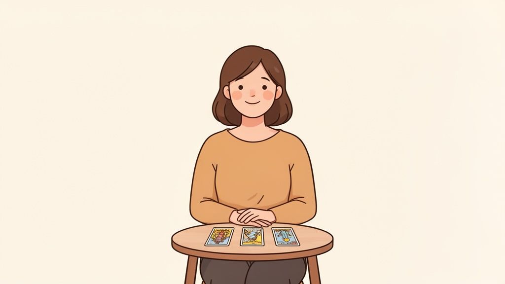A smiling cartoon woman sits at a table, looking forward, with three tarot cards laid out in front of her.