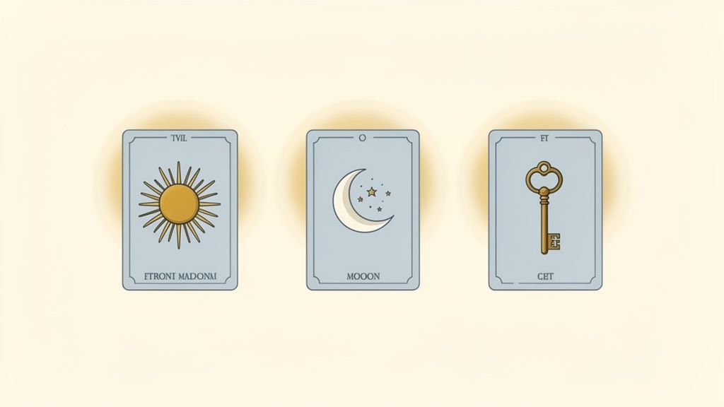 Three mystic cards on a light background, featuring symbols of a sun, moon, and key.