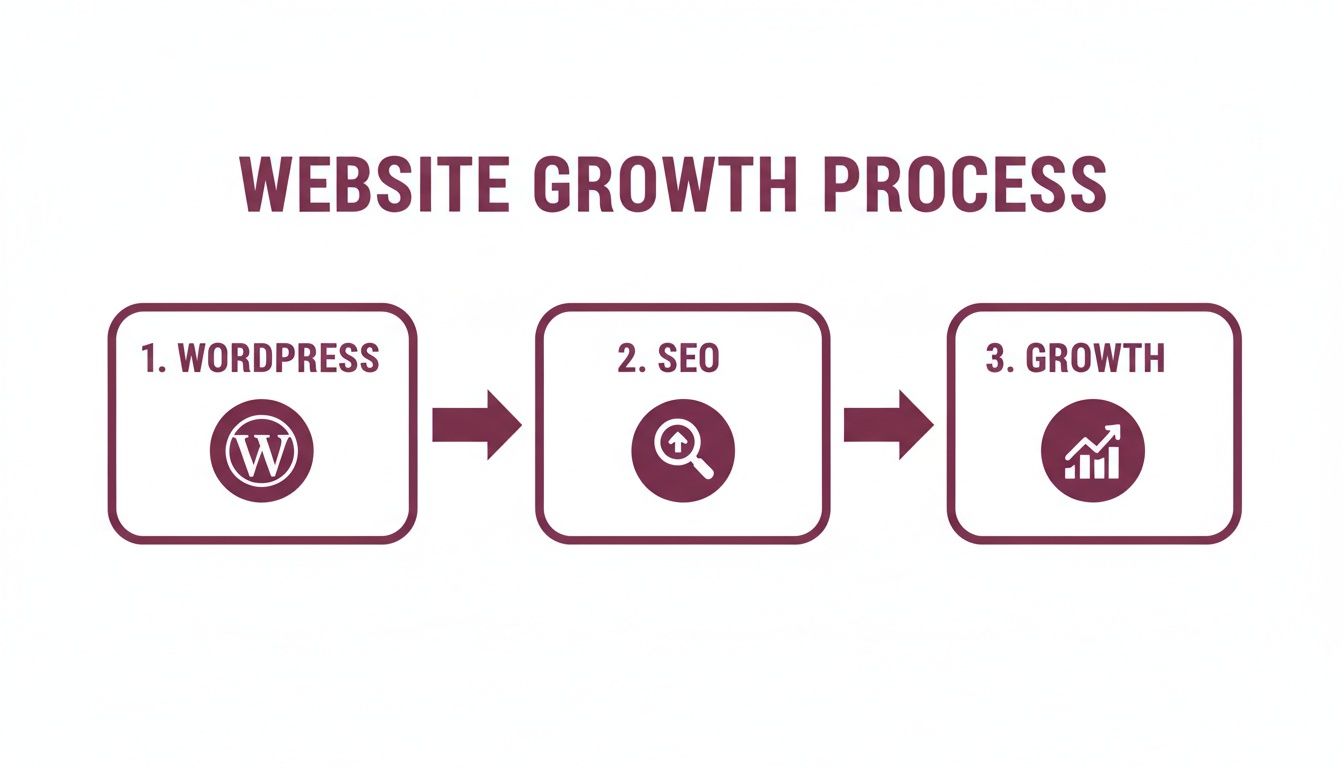 Infographic depicting a three-step website growth process: WordPress, SEO, and continuous growth.