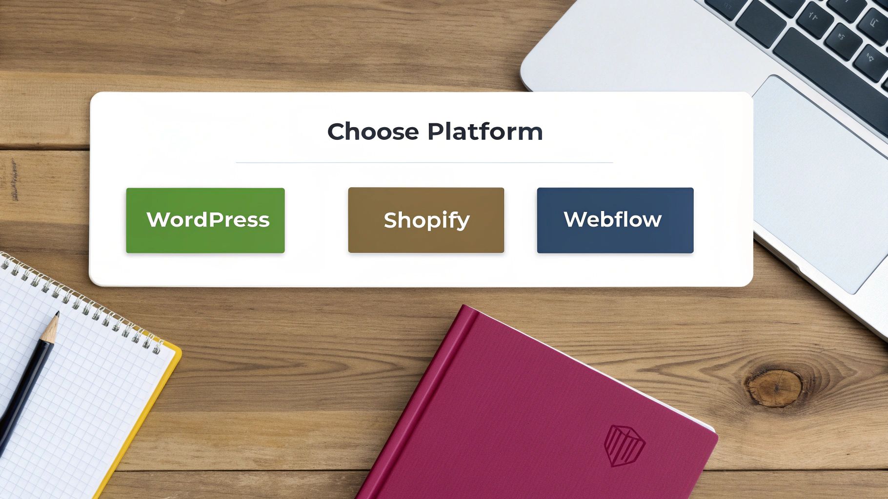 Overhead view of a 'Choose Platform' board with WordPress, Shopify, and Webflow options on a wooden desk.