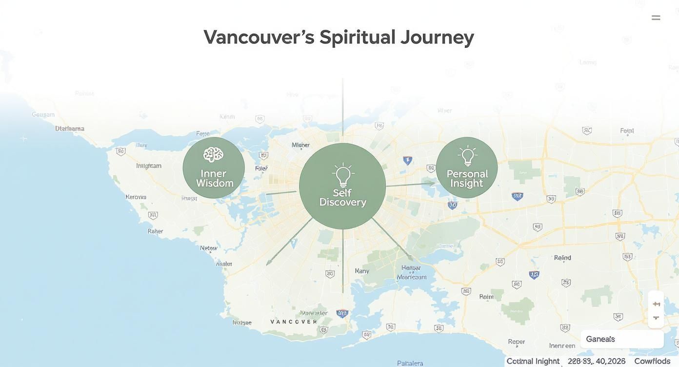 Interactive map showing Vancouver's spiritual journey with self-discovery, inner wisdom, and personal insight locations