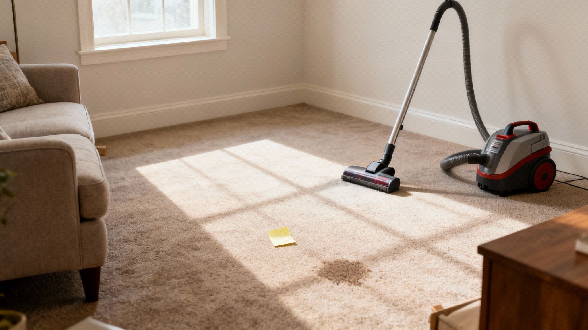 A vacuum cleaner stands on a beige carpet with sunlight, a sticky note, and a small dirt stain.