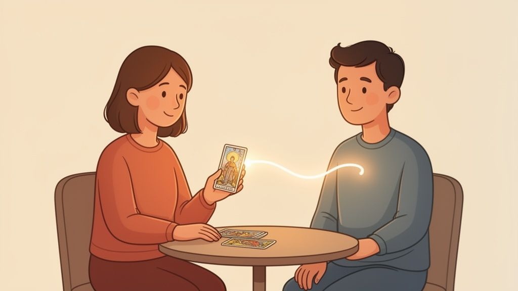 An illustration of a woman doing a tarot card reading for a man, connecting them with light.