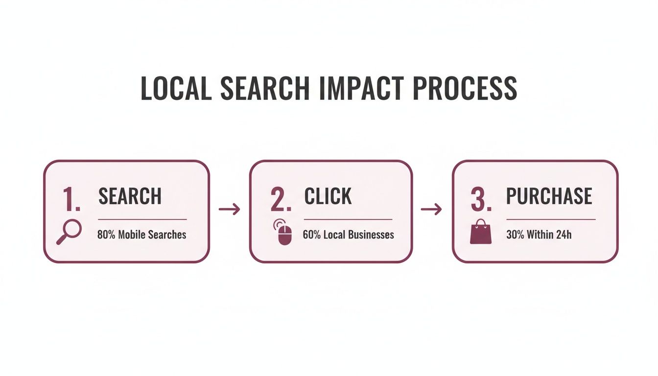 A diagram illustrating the local search impact process, showing search, click, and purchase with statistics.