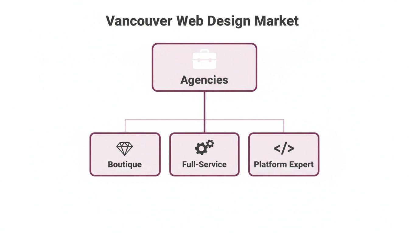 Diagram showing Vancouver web design market: Agencies broken down into Boutique, Full-Service, and Platform Expert.