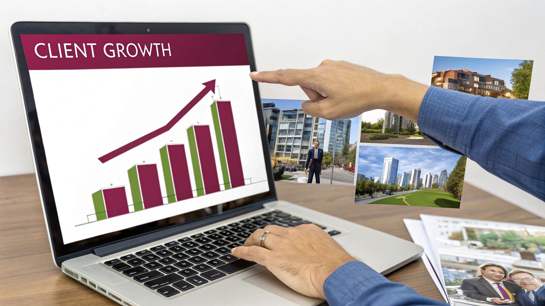A person's hands interact with a laptop showing a client growth chart and real estate photos.