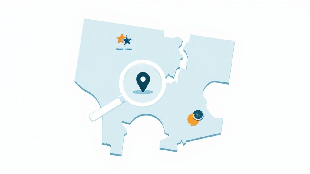 Illustrated map showing a magnifying glass, location pin, and two points of interest.