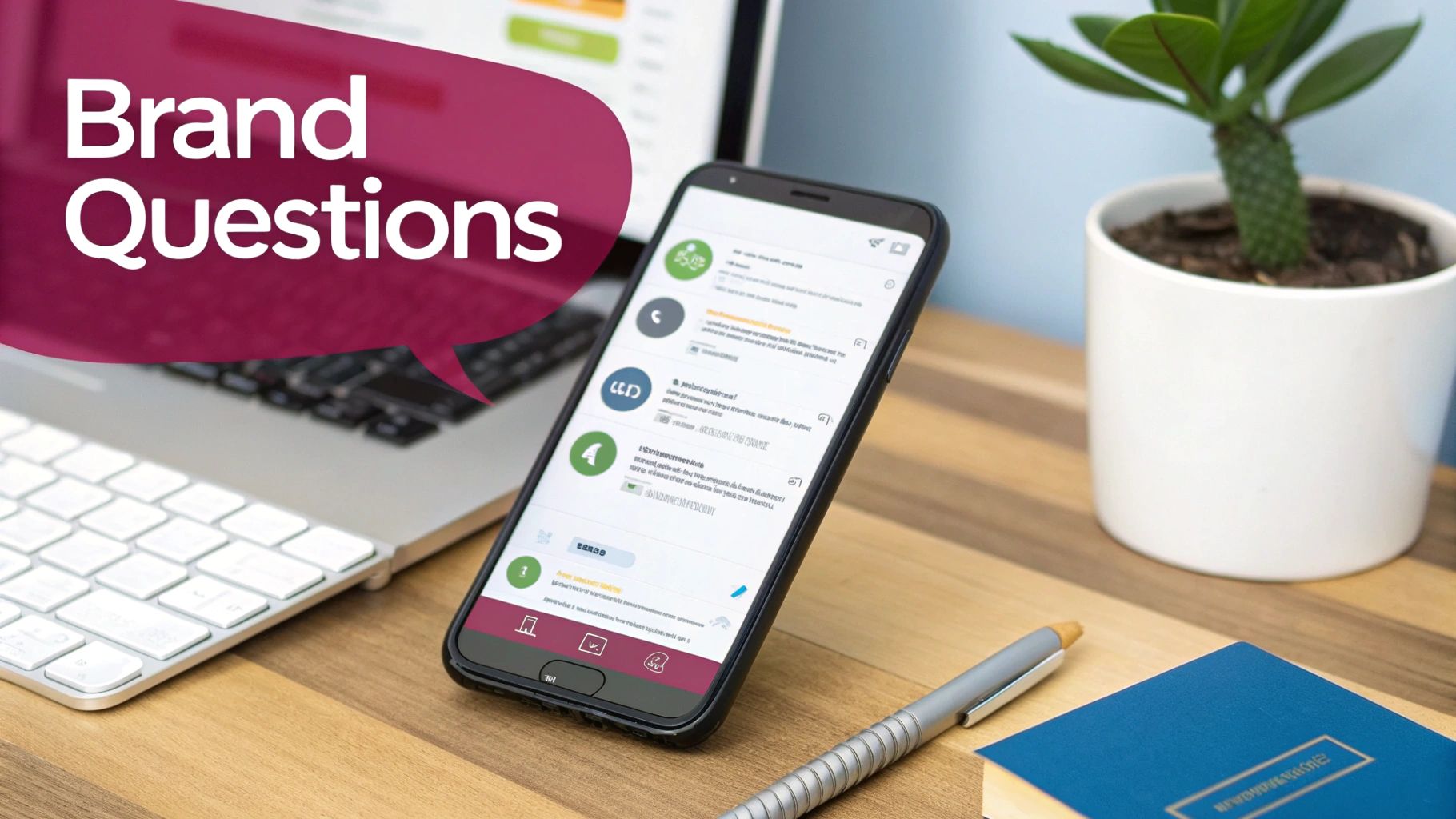 A group of people collaborating around a table, asking questions and brainstorming brand awareness strategies.