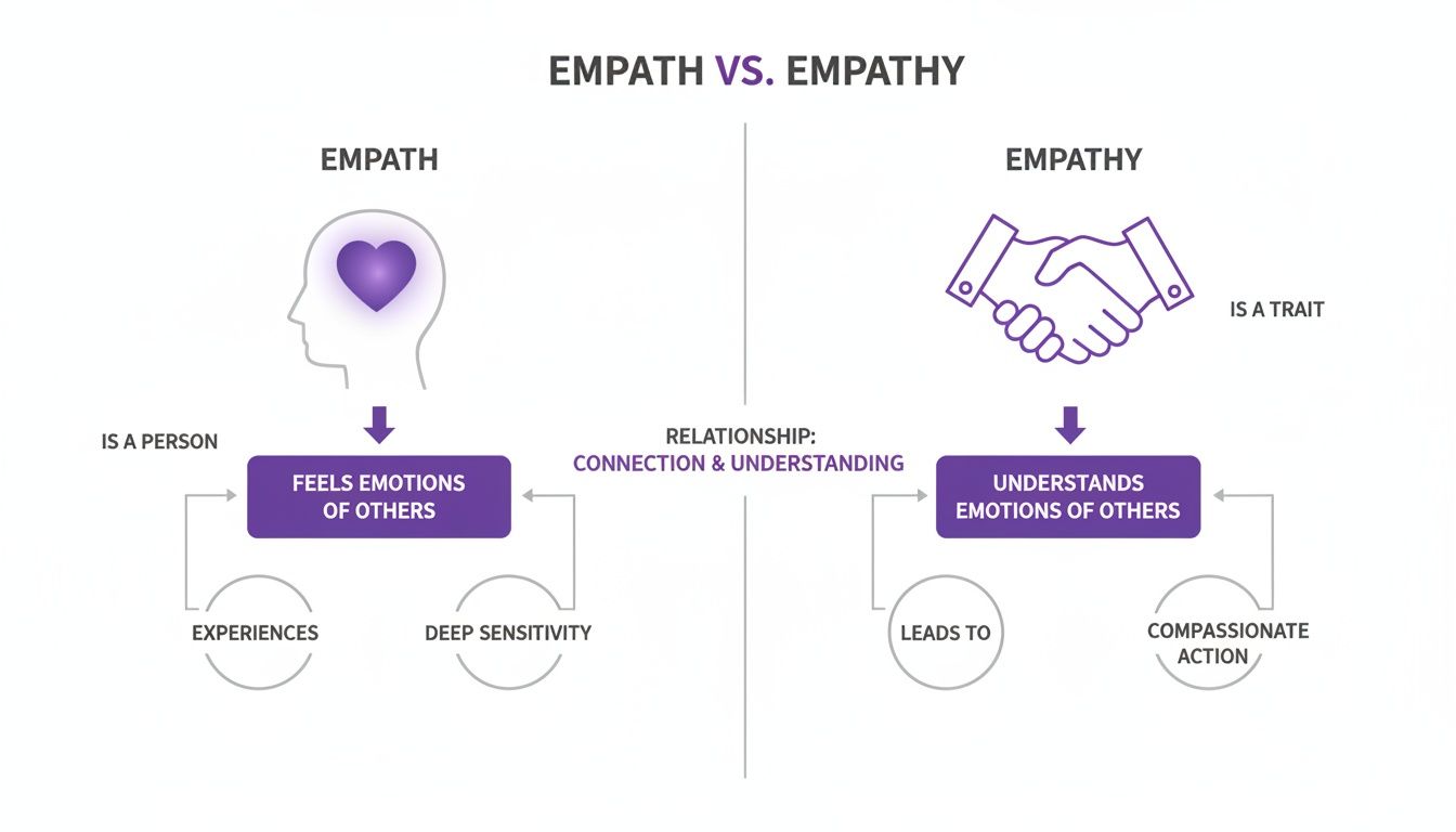 A diagram illustrating the distinction between an empath, a person, and empathy, a trait for understanding emotions.