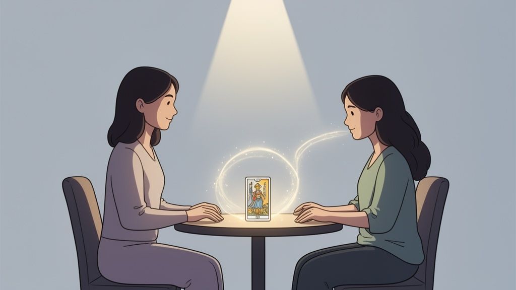 Two women engage in a psychic tarot reading with a glowing card between them.