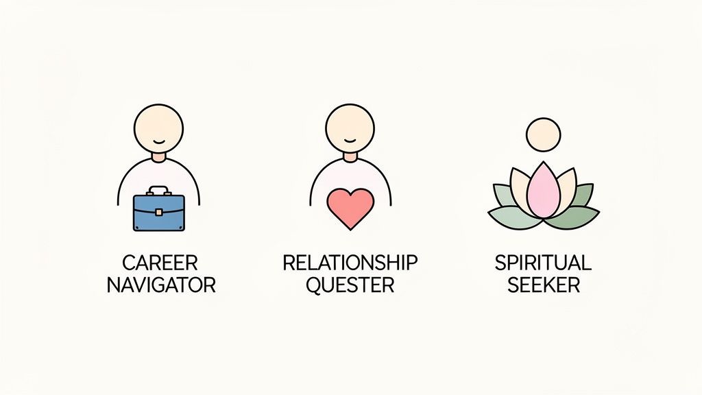 Three simplified icons representing personal life paths: a career navigator, relationship quester, and spiritual seeker.