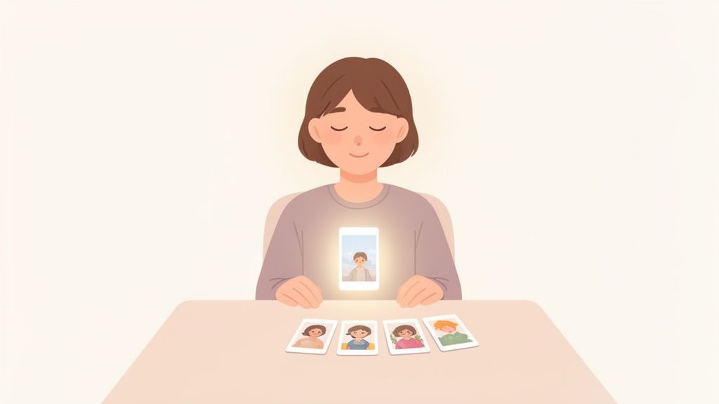 A woman with closed eyes and a glowing smartphone displays a man's photo, with face cards on the table.