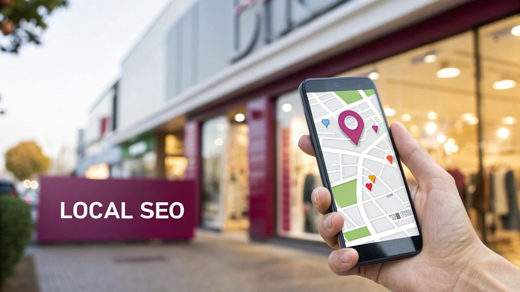 Hand holding a smartphone displaying a map with a location pin, next to a sign with 'LOCAL SEO' text.