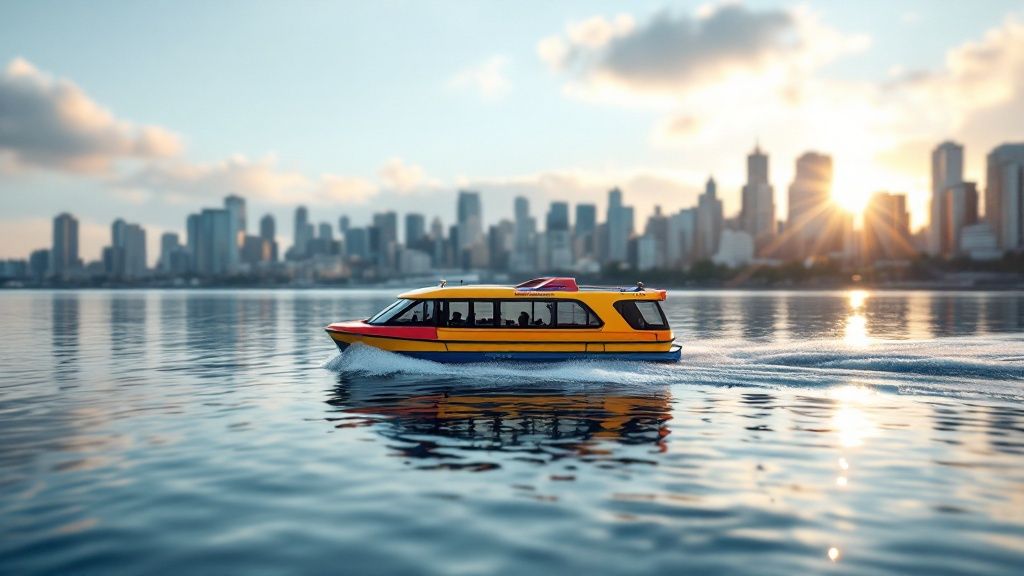 A colourful False Creek Ferry cruising on the water with the Vancouver city skyline in the background
