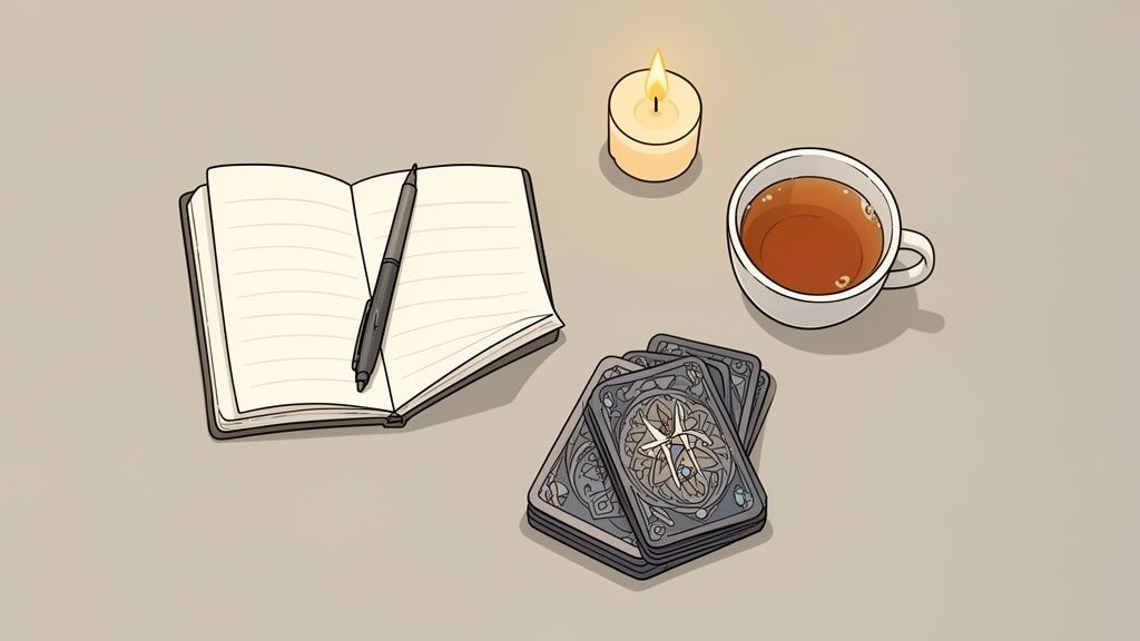 A cozy flat lay showing a lit candle, tea, open notebook, pen, and tarot cards.
