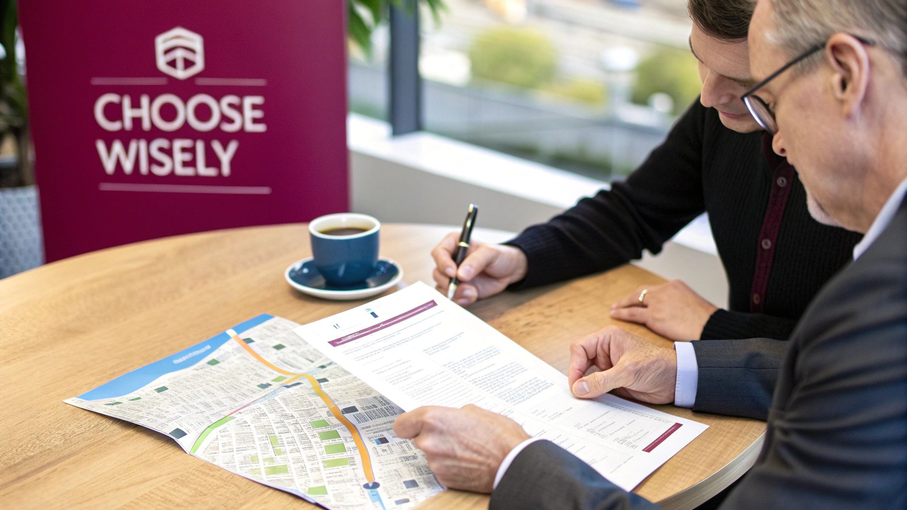 Two men discussing documents and a map at a table, with one writing and another reading.