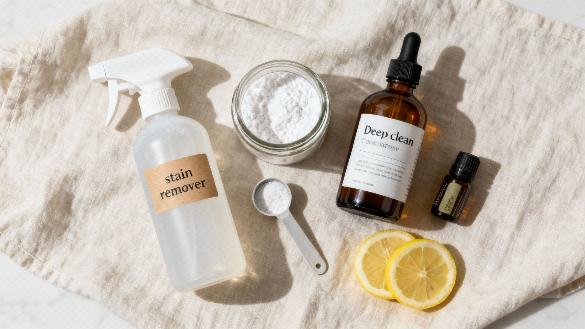 A person mixing natural cleaning ingredients in a bowl.