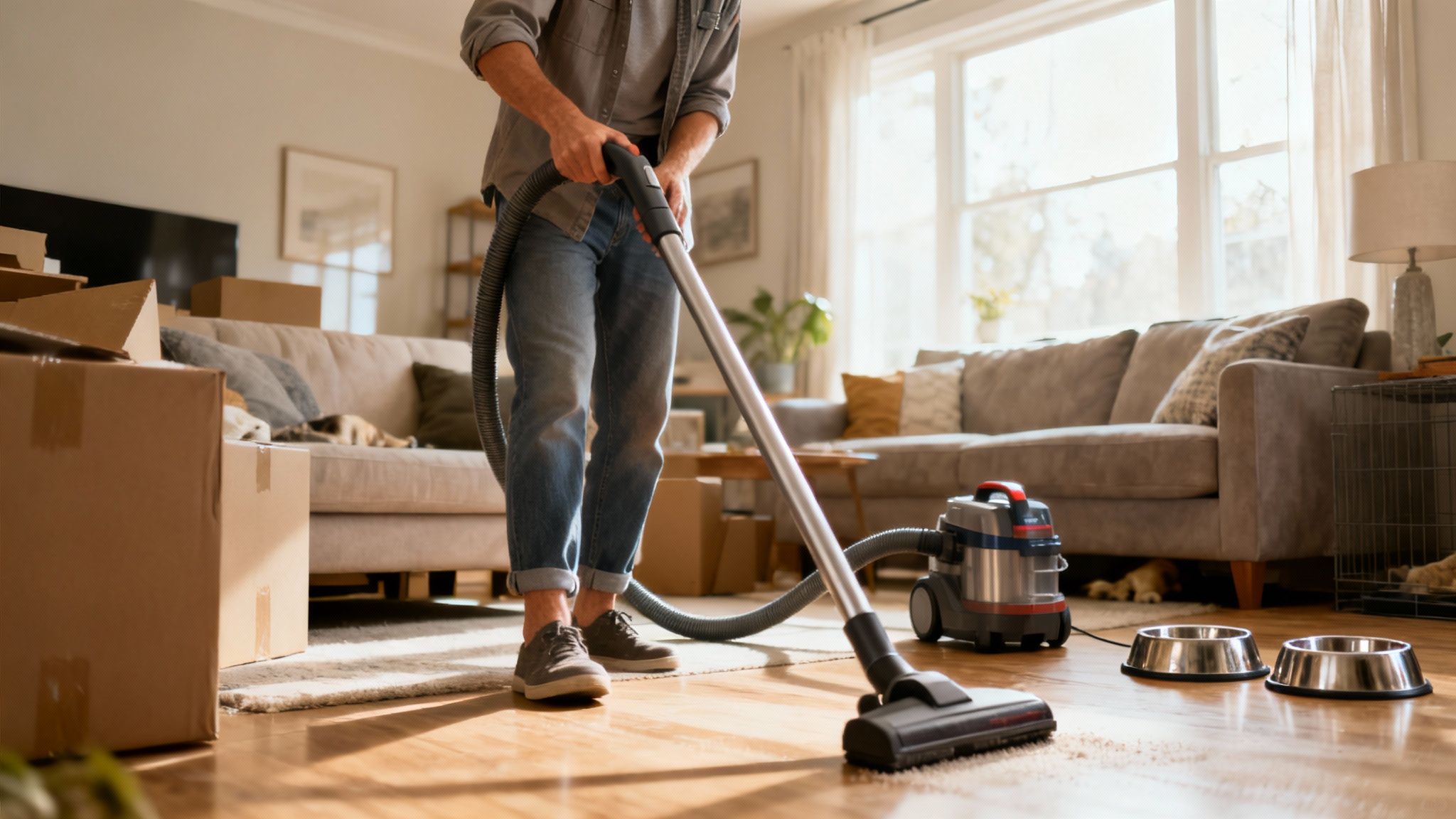 A clean, organized living room with a vacuum cleaner in the foreground, ready for professional cleaning.