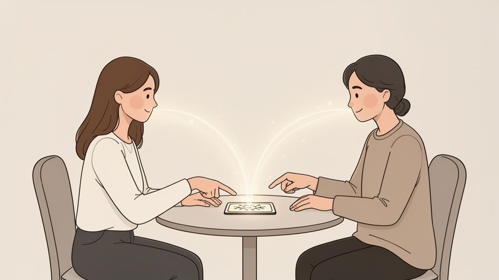 Two women interact with a smartphone on a table, connected by glowing light, symbolizing intuition.