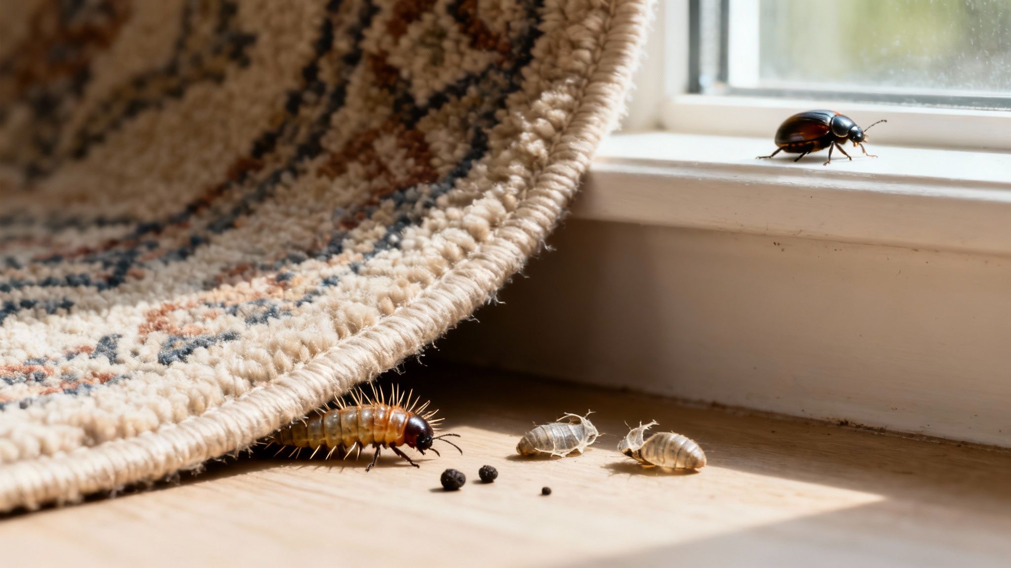 A close-up of a carpet beetle on a wooden surface, highlighting its distinctive pattern.
