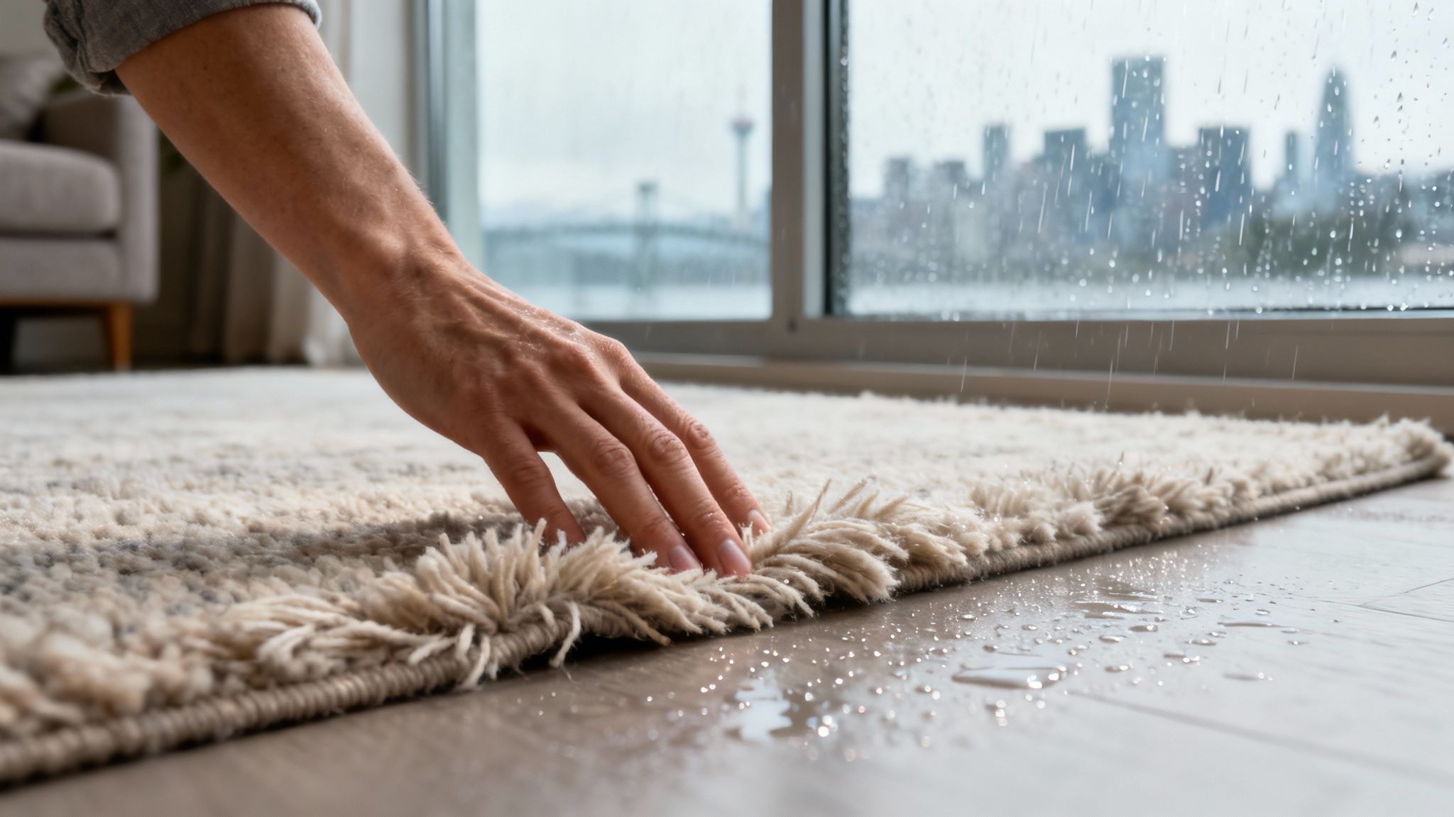 A person's hand touches a wet, shaggy rug on a wooden floor with city rain visible outside.
