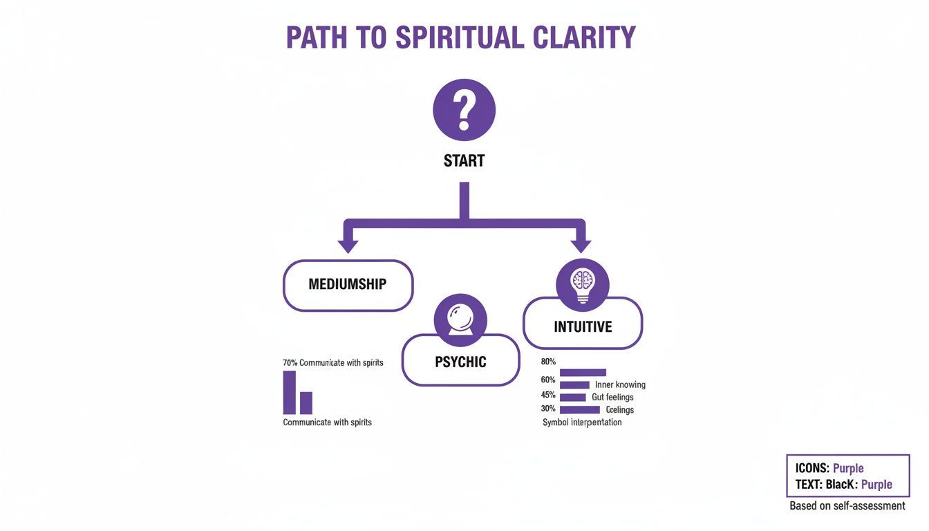 Flowchart detailing paths to spiritual clarity: Mediumship, Psychic, and Intuitive abilities with descriptions.