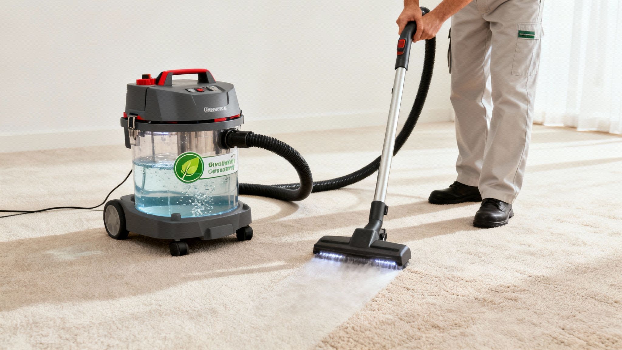 Close-up of a carpet cleaning machine using an eco-friendly solution.