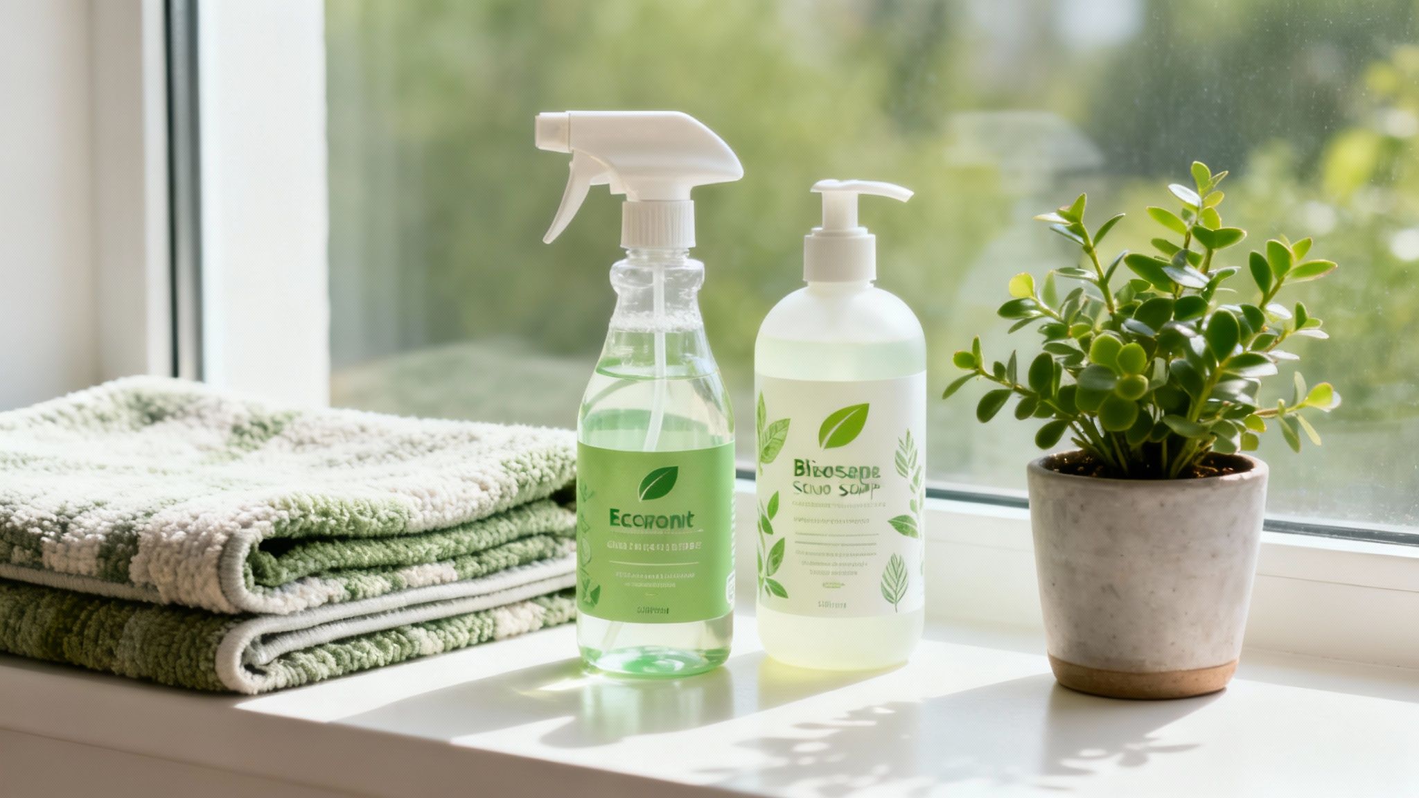 Eco-friendly cleaning supplies, green towels, and a small plant on a bright windowsill.